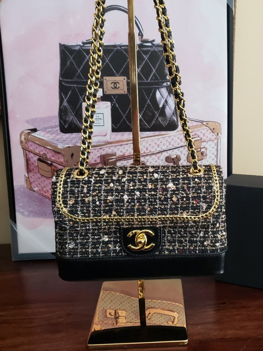 Chanel Tweed Shoulder/ Handbag Bag Black and Gold